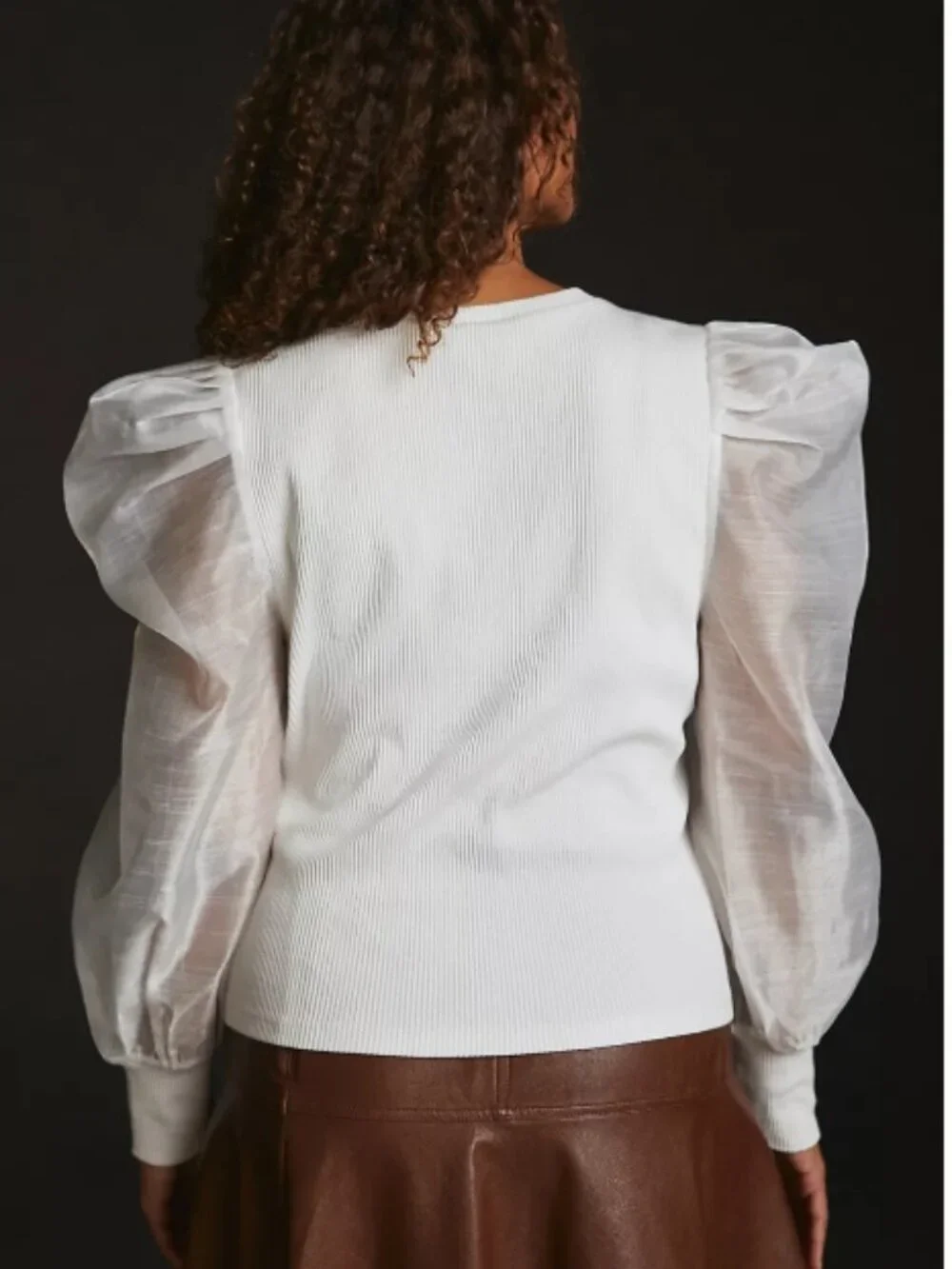 NWT Anthropologie Dolan Left Coast White Ribbed Puff Sheer Organza Sleeve Top‎